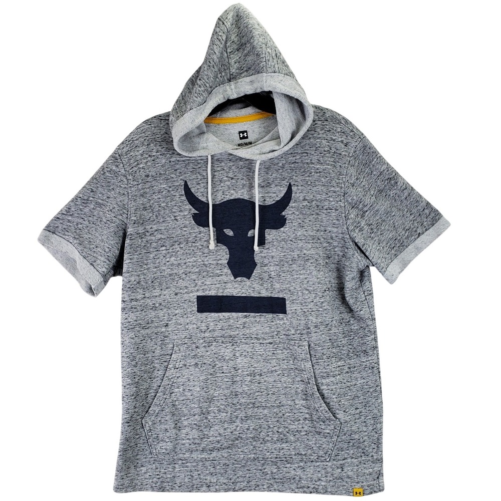 Under Armour Project Rock Hoodie Mens M Gray Brahma Bull Short Sleeve Training